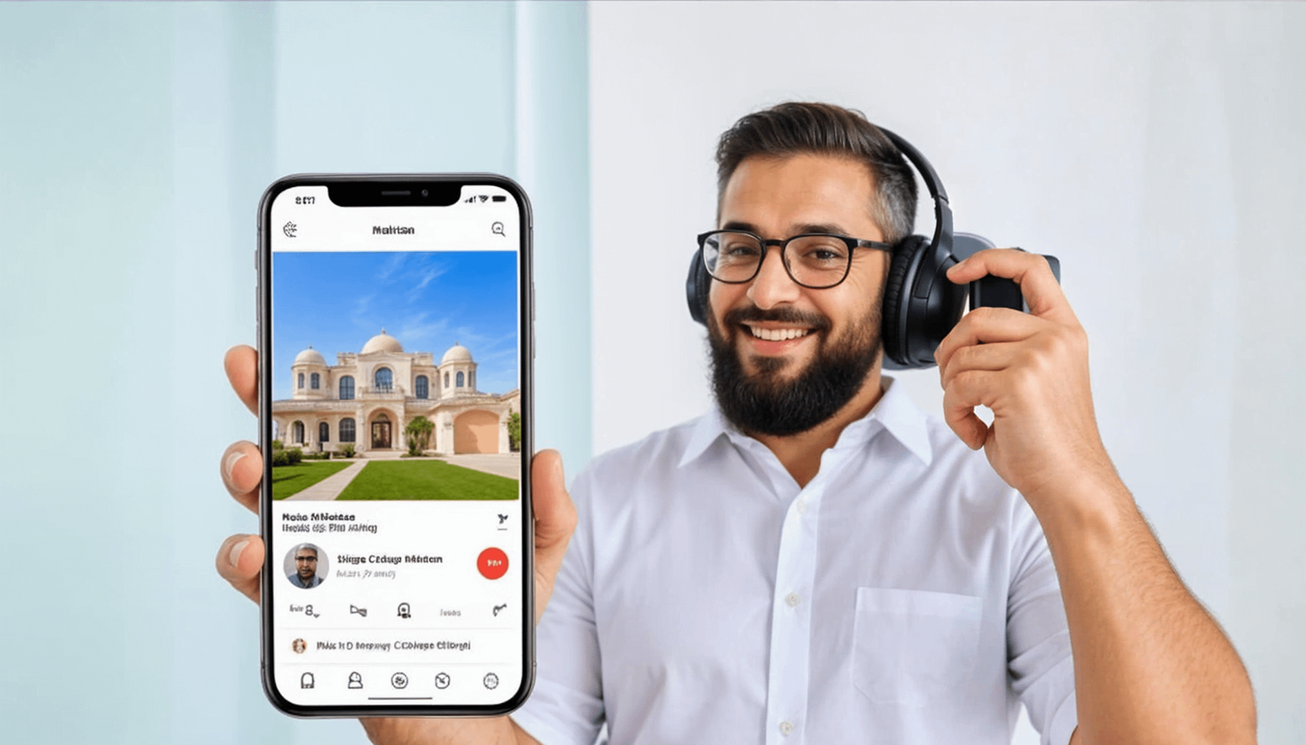 Un homme du Moyen-Orient d'âge moyen avec une barbe et des lunettes, portant une chemise blanche et des écouteurs, tenant un smartphone affichant une annonce immobilière dans un bureau lumineux